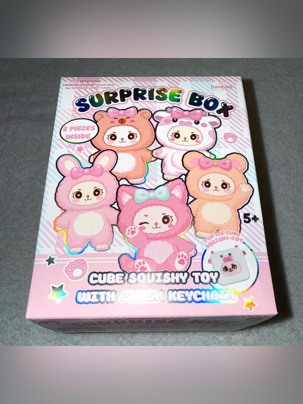 Danbar Global Surprise Box mystery blind box w Cube Squishy Toy w Plush Keychain